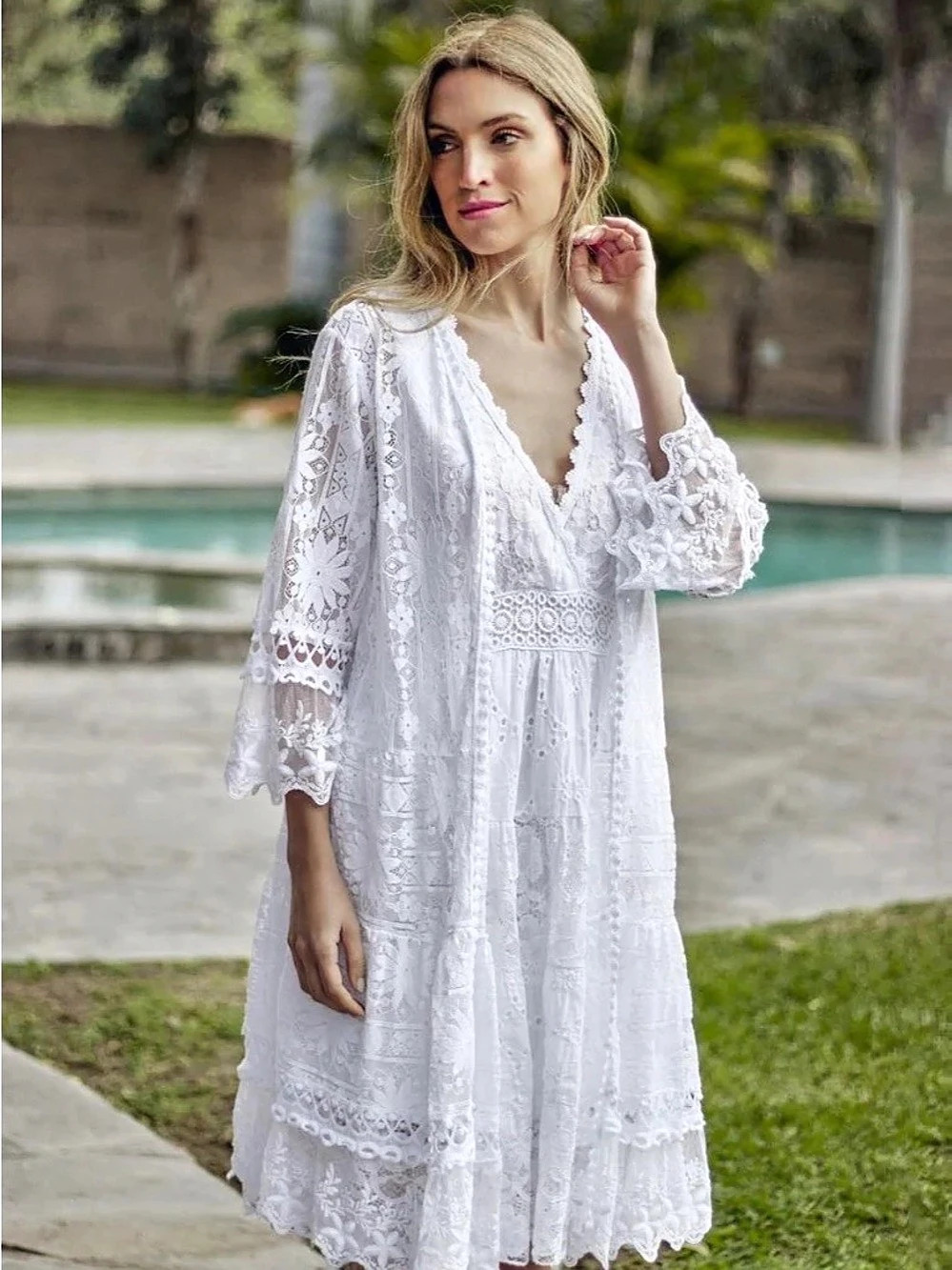 Zenana Woman White Floroal Lace Midi Dress and Lace Cardigan Made in Italy L